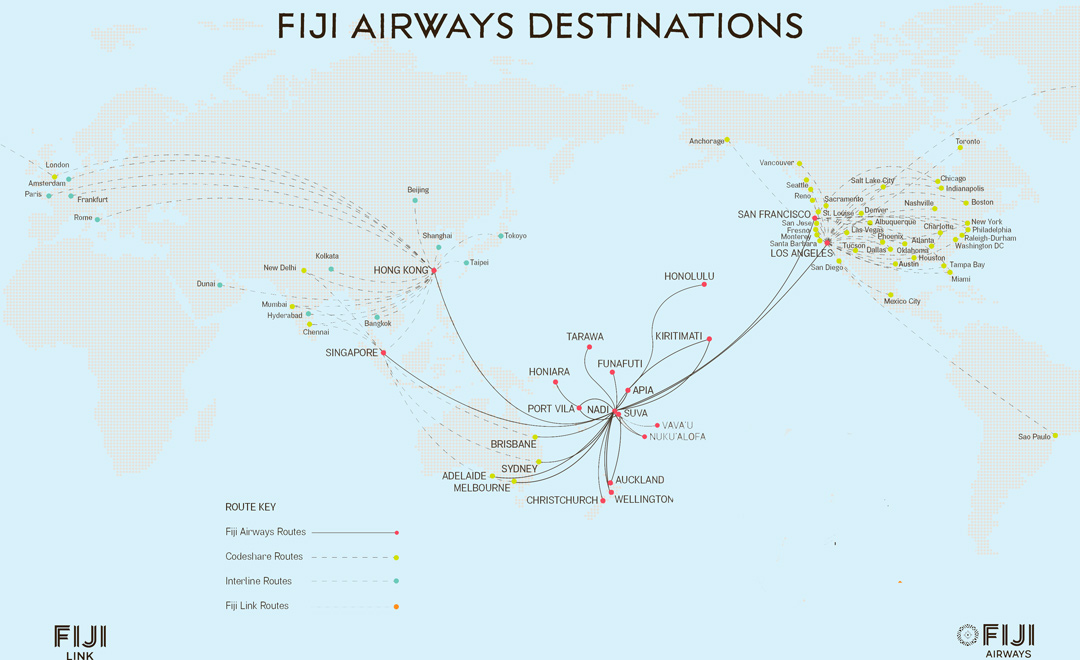 Fiji Airways World Map Of Routes to Nadi Airport 